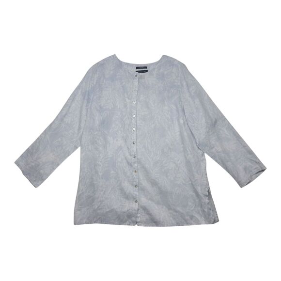 Tahari Tops - Tahari 100% Linen Top Women's 1X Light Blue Button Up Fern Print‎ Coastal Beach